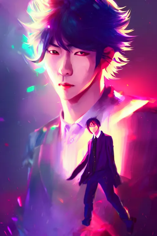 Image similar to a man looks like kamenashi kazuya, blurred environment background, colorful magic effects, white skin, portrait, male, clothed, sharp focus, digital art, concept art, trending on artstation, dynamic lighting, by emylie boivin and rossdraws