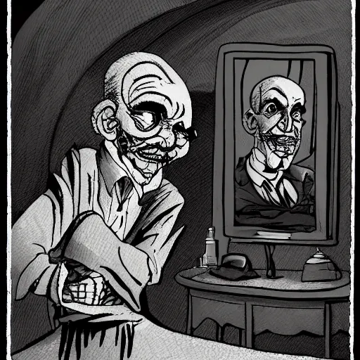 Prompt: old man lookin in the mirror at an evil twisted version of himself