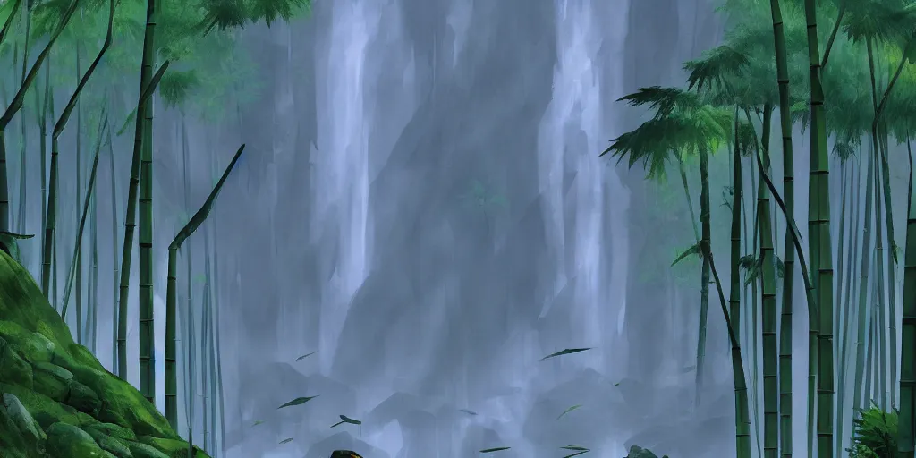 Image similar to misty japanese bamboo forest, cell shaded, huge waterfall!!!!!, large rocky mountain, rule of thirds, sunny, cartoony, drawing, stylized anime, sun rays, soft, by hayao miyazaki, ghibli studio, makoto shinkai, toei animation, studio trigger, trending on artstation, 4 k, hd