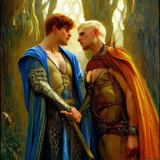 Image similar to stunning arthur pendragon in love with stunning male merlin the mage. they are close to each other. highly detailed painting by gaston bussiere, craig mullins, j. c. leyendecker