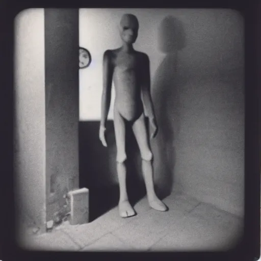 Image similar to a tall humanoid creature at the bottom of a stairwell, dark!, creepy!!!, unsettling, uncanny valley!, old polaroid, expired film,