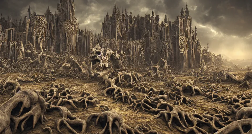 Image similar to bone labyrinth made out of gigantic monster bones, art deco medieval style, grimdark vibes, golden skeleton statue in center of labyrinth, abandoned vibes, gloomy moody clouds, god sun rays, complimentary color scheme, G liulian Art style, dynamic lighting, highly detailed, cinematic landscape, octane render, unreal engine