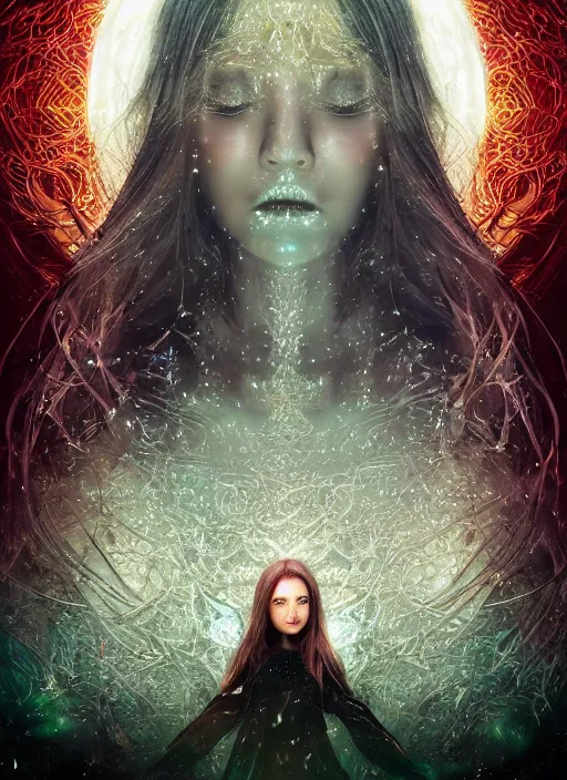 Image similar to glowing silver and golden elements, full close-up portrait, young model from shutterstock as a dark witch in front of the full big moon, book cover, green forest, red white black colors, establishing shot, extremly high detail, photo-realistic, cinematic lighting, pen and ink, intricate line drawings, by Yoshitaka Amano, Ruan Jia, Kentaro Miura, Artgerm, post processed, concept art, artstation, matte painting, style by eddie, raphael lacoste, alex ross