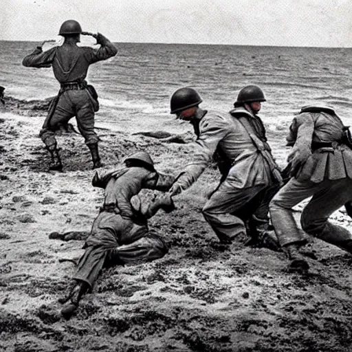 Image similar to ww 2 realistic photo in color beach landing, battle on the beach, blood