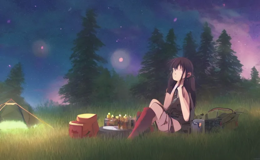 Image similar to An anime girl camping in the wilderness, looking up at the stars, anime scenery by Makoto Shinkai and Madhouse Animations, digital art