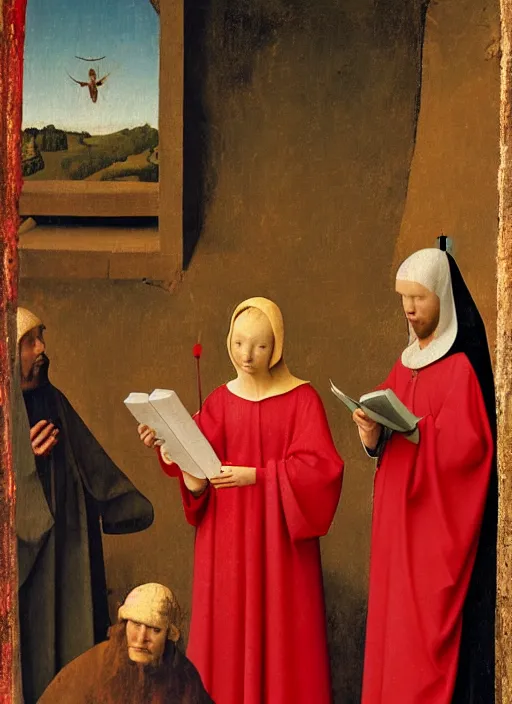 Prompt: angels dressed in red reading the bible and arguing in Tuscany by Jan van Eyck, Hieronymus Bosch, Johannes Vermeer 4k post-processing, highly detailed medieval painting