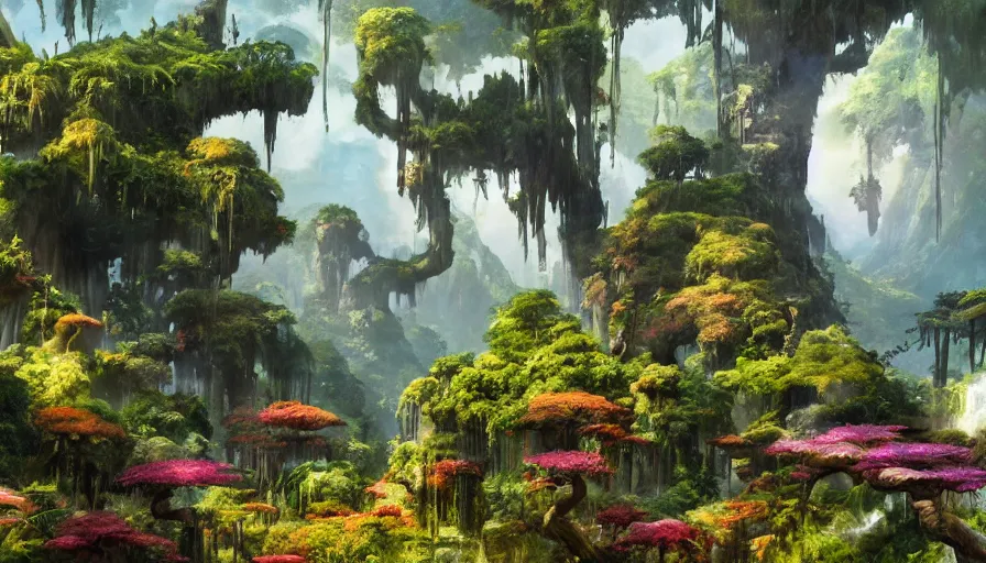 Image similar to craig mullins and ghibli digital illustration of the beastlands, avatar ( 2 0 0 9 ), lush landscape, jungle landscape, colorful, flowers unreal engine, hyper realism, realistic shading, cinematic composition, realistic render, octane render, detailed textures, photorealistic, wide shot,