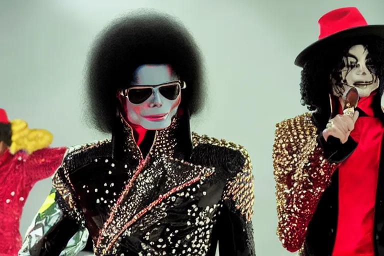 Image similar to Tilda Swinton as Michael Jackson in 'Jackson 5!' (2020), movie still frame, promotional image, imax 70 mm footage, oscar nominated cinematography, volumetric lighting, 8k resolution