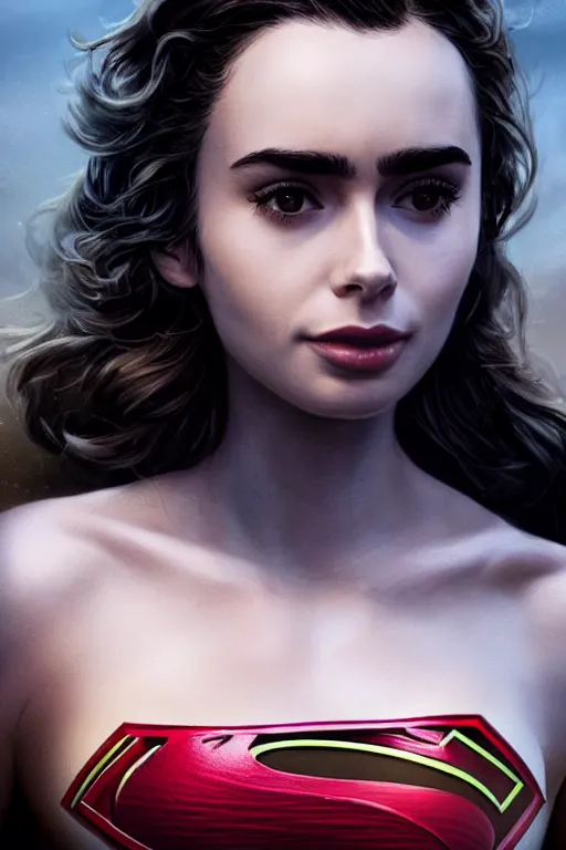 Image similar to a fancy close up of Man of Steel cast as Lily Collins by Greg Rutkowski, Sung Choi, Mitchell Mohrhauser, Maciej Kuciara, Johnson Ting, Maxim Verehin, Peter Konig, 8k photorealistic, cinematic lighting, HD, high details, dramatic, trending on artstation, full body shot