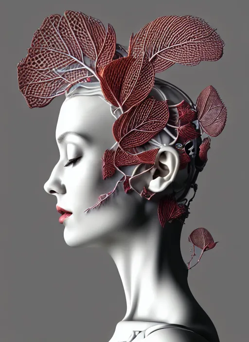 Prompt: complex 3d render ultra detailed of a beautiful porcelain profile woman face, mechanical cyborg, 150 mm, beautiful natural soft light, rim light, silver gold details, magnolia big leaves and stems, roots, fine foliage lace, maze like, mesh wire, intricate details, hyperrealistic, ultra detailed, mandelbrot fractal, anatomical, red lips, white metal neocubism armor, facial muscles, cable wires, microchip, elegant, octane render, H.R. Giger style, 8k