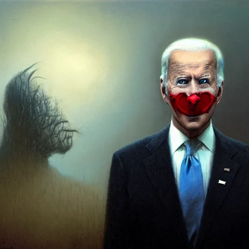 Image similar to presidential portrait of joe biden with shadowy mist pouring from mouth and nose as slenderman, by beksinski, jon mcnaughton, and stephen gammell