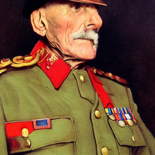 Image similar to a portrait painting of Field Marshal Bernard Law Montgomery. Painted by Norman Rockwell