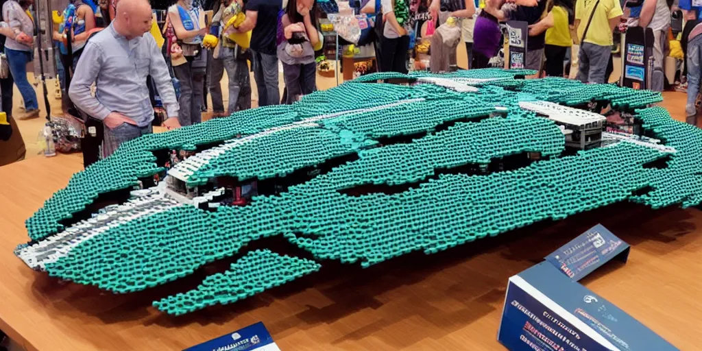 Prompt: wide shot lens photo of a very intricately detailed and epically shaped 1. 2 5 m long alien lego mothership ufo kit designed by a master builder as displayed at a lego convention.