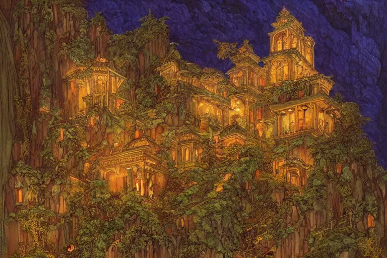 Image similar to ancient temple on a mountaintop at night | by Paul O. Zelinsky and Edmund Dulac and Donato Giancola | ornate carvings| climbing vines| rich color | dramatic cinematic lighting | extremely clear and detailed | featured on Artstation