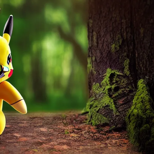 Image similar to very very intricate photorealistic photo of pikachu in a forest, photo is in focus with detailed atmospheric lighting, award - winning details