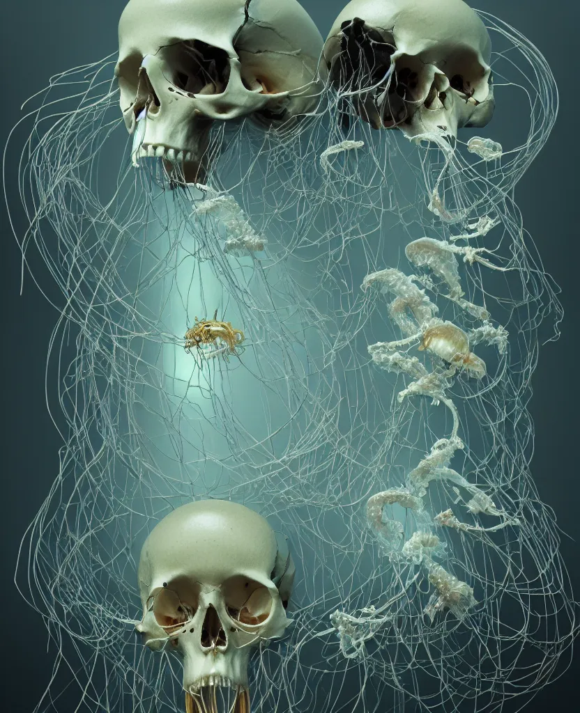 Image similar to composition of human skulls, animals skulls, bones, rib-cage. jellyfish orchids and betta fish, bioluminiscent, intricate artwork by Tooth Wu and wlop and beeple. octane render, trending on artstation, greg rutkowski very coherent symmetrical artwork. cinematic, hyper realism, high detail, octane render, 8k