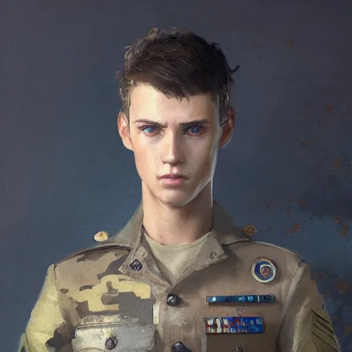 Prompt: Closeup painting of a young man with short brown hair and blue eyes, wearing a military outfit, by Greg Rutkowski