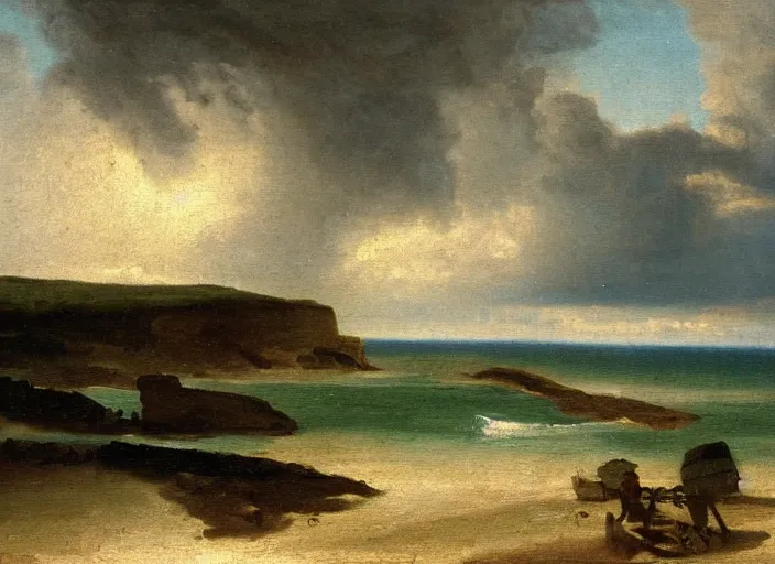 Image similar to the beaches of normandy before d - day, stormy weather in the style of hudson river school of art, oil on canvas