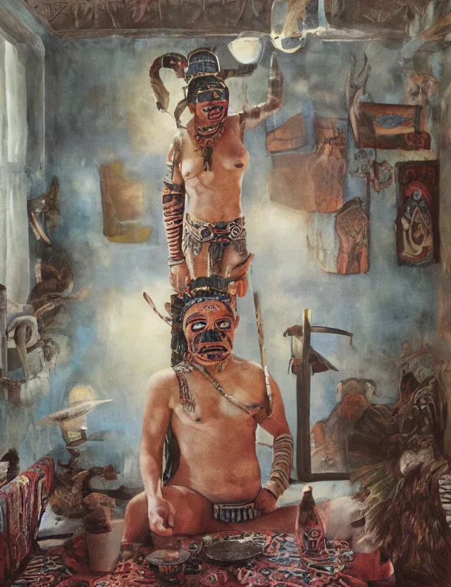 Prompt: mayan jaguar warrior in country house, cottage core, cinematic focus, polaroid photo bleached vintage pastel colors high - key lighting, soft lights, foggy, by steve hanks, by lisa yuskavage, by serov valentin, by tarkovsky, detailed, oil on canvas