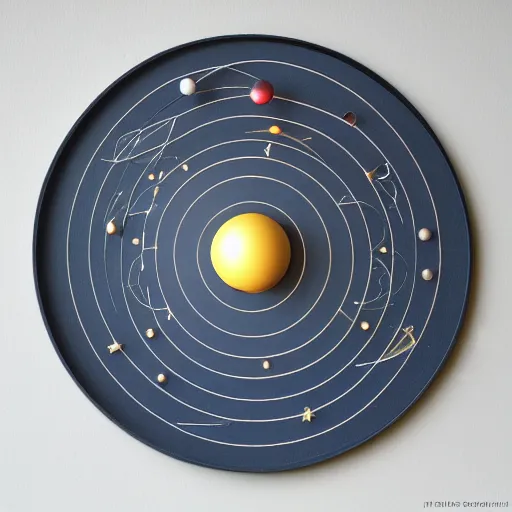 Image similar to a kinetic sculpture of this solar system hanging from horizontal line, orrery, canon 5 d 5 0 mm lens, papier - mache, studio