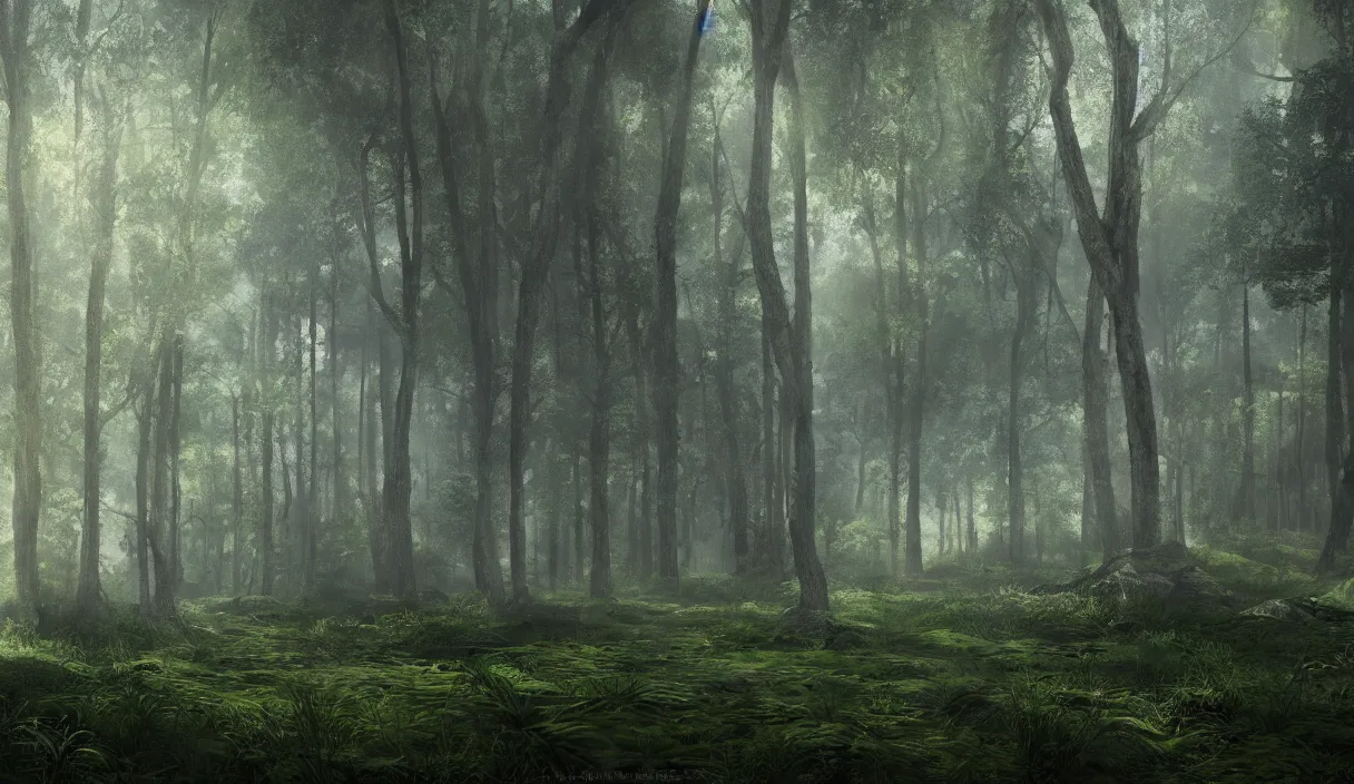 Image similar to a beautiful painting of a clearing in a forest, cinematic angle, movie concept, trending on artstation, octane render, 8 k, ultra high detail