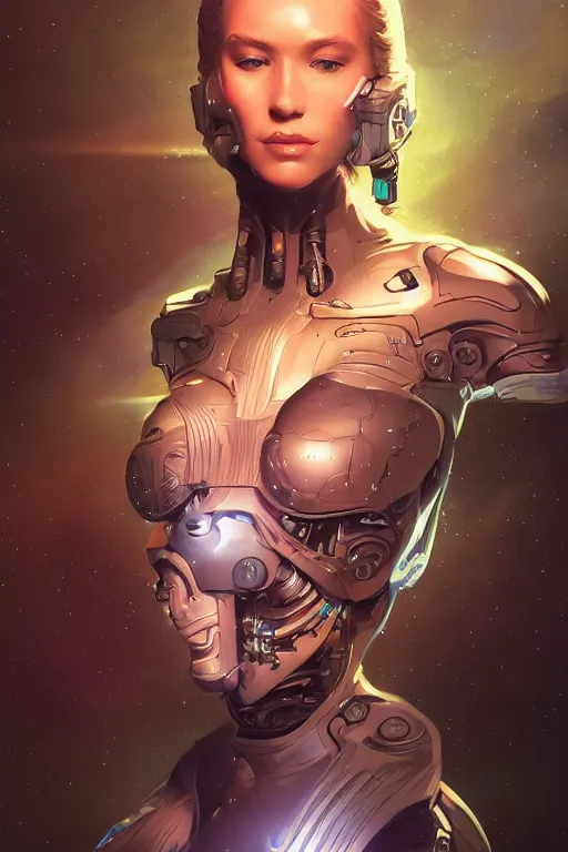 Prompt: portrait of a space cyborg, 3d, third person, lasers, cosmic background, fantasy, intricate, elegant, highly detailed, lifelike, photorealistic, digital painting, artstation, illustration, concept art, sharp focus, art by adam hughes