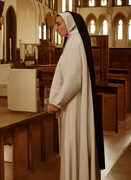Prompt: film still of Sofia Verga dressed as a nun, revealing nun outfit, church interior, 4k