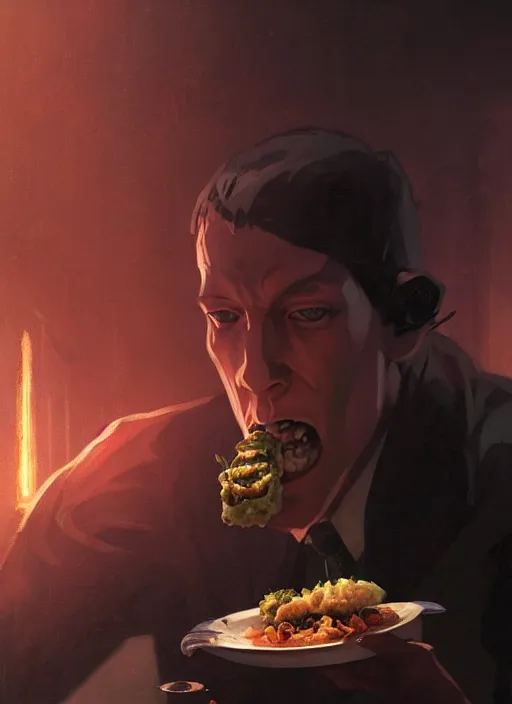 Image similar to highly detailed portrait of h p lovecraft eating shushi by greg rutkowski, mike mignola, tom bagshaw artgerm and ross tran, beautiful dramatic dark moody lighting, cinematic atmosphere, glossy magazine painting, global illumination, deep color, 8 k resolution, high details, flickr, dslr, artstation