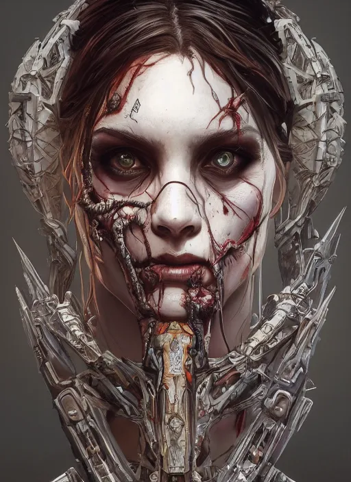 Image similar to symmetry!! portrait of zombie in the style of horizon zero dawn, machine face, intricate, elegant, highly detailed, digital painting, artstation, concept art, smooth, sharp focus, illustration, art by artgerm and greg rutkowski and alphonse mucha, 8 k