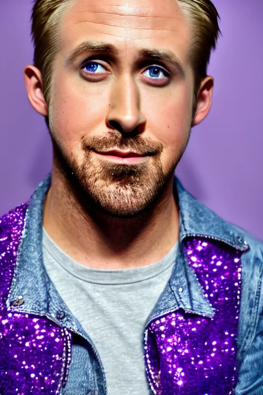 Image similar to Ryan Gosling with silver-violet hair, white eyes inflated press and denim glittery vest, wide lens, diorama, 4k,