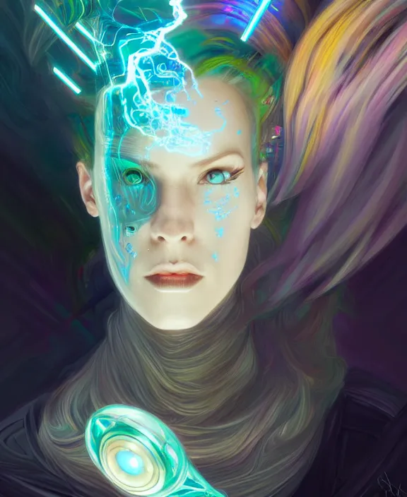 Image similar to a whirlwind of souls rushing inside the metaverse, hologram, half body, neurochip, shaved temple, piercing, jewelry, android, cyborg, cyberpunk face, by loish, d & d, fantasy, intricate, elegant, highly detailed, colorful, digital painting, artstation, concept art, art by artgerm and greg rutkowski and alphonse mucha