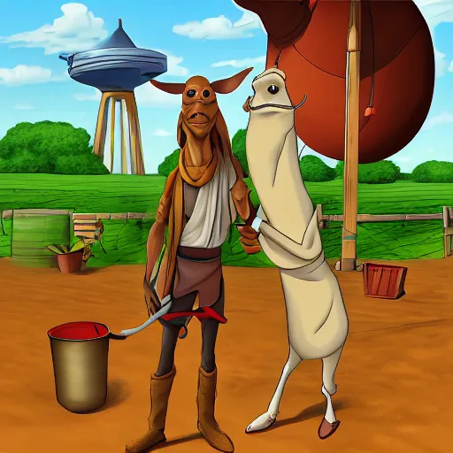 Prompt: jar jar binks working on his dairy farm, digital art