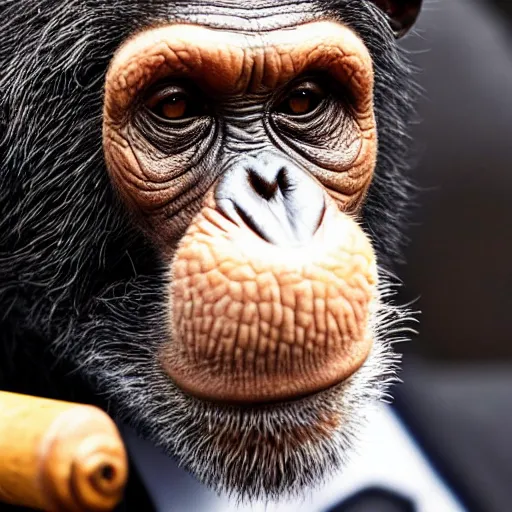 Image similar to a high detail closeup shot of a chimp wearing a suit and smoking a cigar