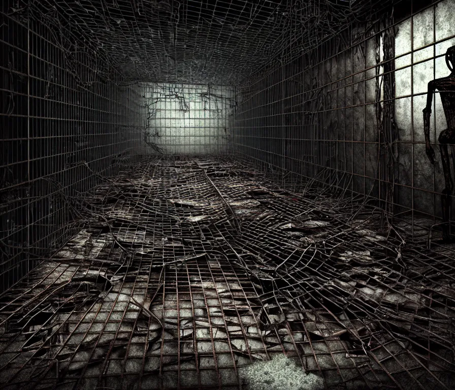 Image similar to creepy huge humanoid with long limbs sits on the floor. An underground very dark gloomy multi-layered structure of rusty thick iron grates, dense chain-link fencing and peeling walls. Inside view, collapsed floors, bent rusted iron, masterpiece, black background, corners, cinematic, hyperdetailed, photorealistic, hyperrealism, octane render, 8k, depth of field, bokeh, architecture, shadows, art by Zdzisław Beksiński, Dariusz Zawadzki