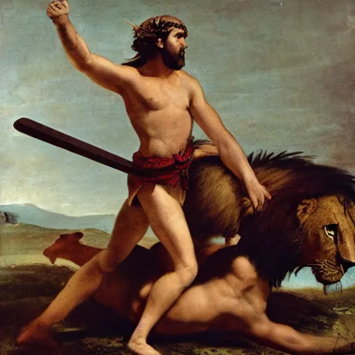 Image similar to a victorious roman gladiator in the arena one feet on top of a defeated lion