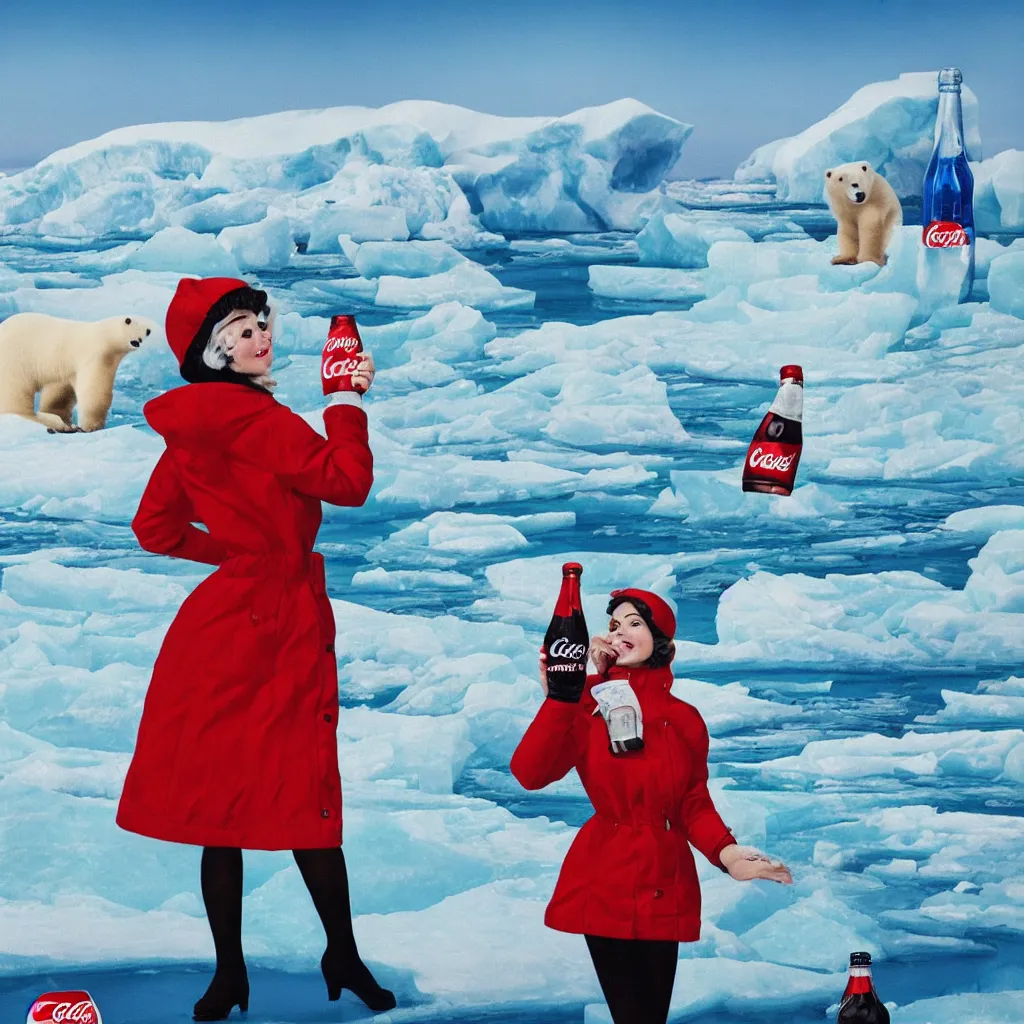 Prompt: woman wearing a parka drinking a bottle of coke in front of an icy polar landscape, polar bear in the far background, coka-cola advertisement, pinup style, retro ad, print advertising, 1960's, trending on artstation