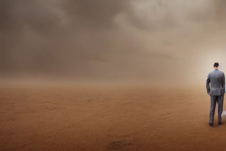 Prompt: a cinematic portrait photograph of a man dressed in a business suit in a desert, dust storm, thunder and lightning, lee madgwick and zack snyder, 8 k, hd, high resolution, 3 5 mm, f / 3 2, tenet