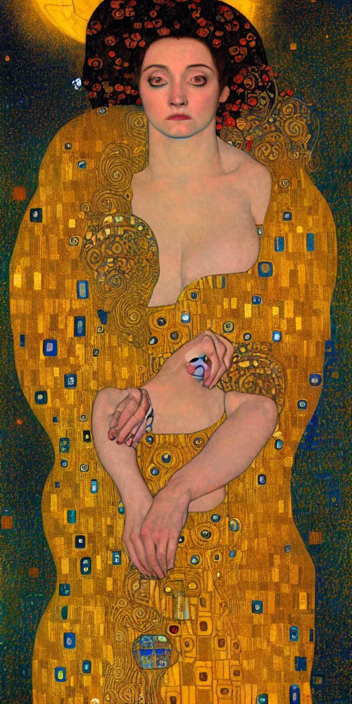 Prompt: painting of a woman surrounded with glowing sun, in the style of Gustav Klimt Wasserschlangen II, 4k, digital art