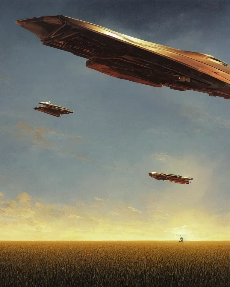 Prompt: wide shot of a tall and thin sharp angled spaceship hovering vertically in the air 1 0 feet above a cornfield, late afternoon, golden hour, dramatic lighting, cinematic, highly detailed, smooth, sharp focus, concept art by greg rutkowski and john berkey and syd mead