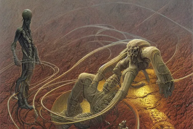 Image similar to oil painting, super - detailed scene of a creature the size of a planet, japanese sci - fi books art, artwork by jean giraud and zdzislaw beksinski and michael whelan and hr giger, hd, 4 k, high quality