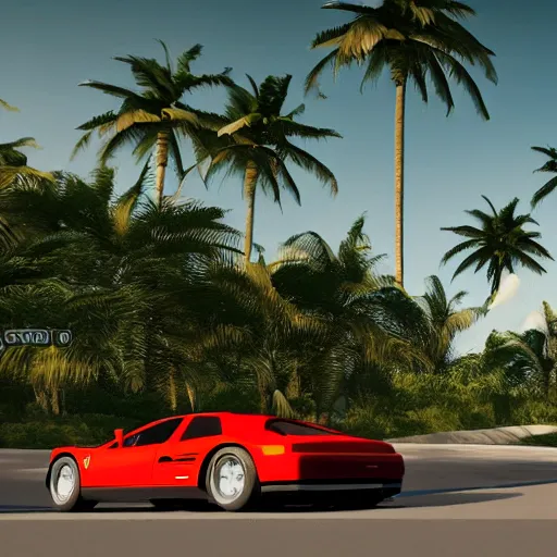 Image similar to a Ferrari Testarossa on a road next to a white sand beach with palm trees@in unreal engine