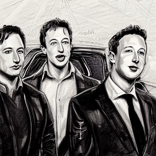 Prompt: portrait of elon musk, mark zuckerberg, jeff bezos, in meeting together, very detailed, art contest winner on behance, trendy on deviant art, by by artgem