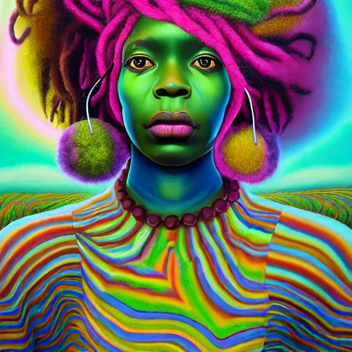 Image similar to a wide angle shot of a black girl with colorful dreadlocks in a field of candy, by Adi granov and afarin sajedi and amanda sage and evgeni gordiets and Agostino Arrivabene and adonna khare in a psychedelic portrait style, ultrarealistic matte painting, volumetric lighting, fractal, extremely symmetrical, highly detailed face, orisha, 8k, hd