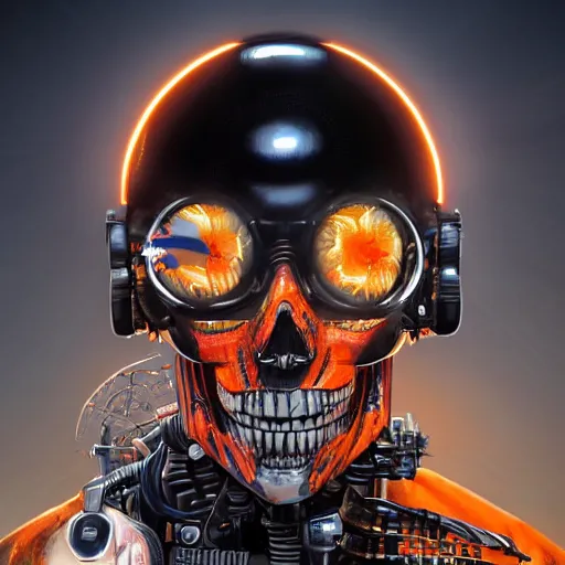 Prompt: a portrait of an cyborg vintage skull no teeth in an orange racing helmet by sandra chevrier, detailed render, epic composition, cybernetics, 4 k realistic, cryengine, realistic shaded lighting, sharp focus, masterpiece, by matteo scalera, gary montalbano, peter elson in the style of the tokyo ghost comic