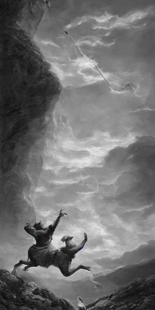 Image similar to The Fool tarot illustration, matte painting, black and white, small dog chasing after him, cliffs