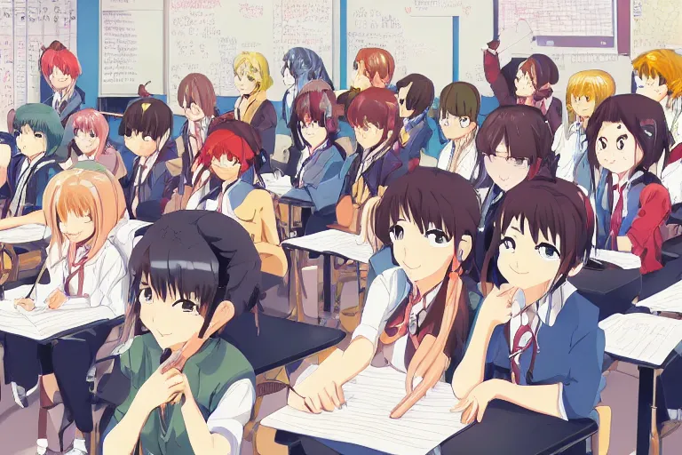 a beautiful picture of people in classroom, anime,, Stable Diffusion