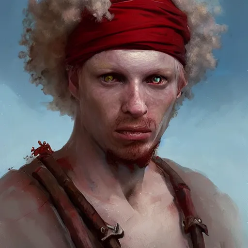 Prompt: very detailed painting of an pale albino albino albino african pirate with red headband and curly hair, featured in artstation, concept art by Greg Rutkowski, WLOP, Dan Mumford, Christophe Vacher