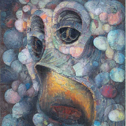 Prompt: a detailed impasto painting by shaun tan and suehiro maruo of an abstract forgotten sculpture by the caretaker and ivan seal