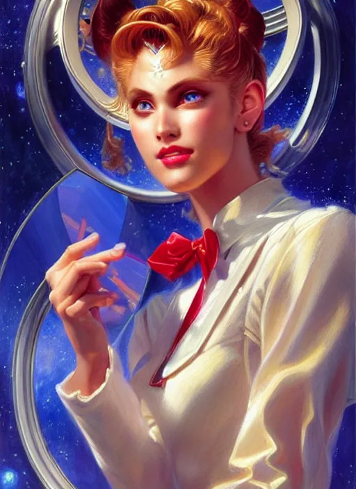 Prompt: perfectly centred portrait of sailor moon, looking in the mirror, in a business suit, futuristic, highly detailed, sharp focus, highly detailed painting by gaston bussiere, craig mullins, j. c. leyendecker 8 k