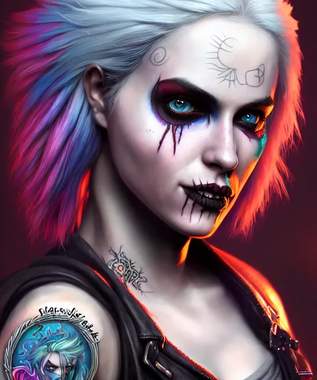 Image similar to ciri dressed as a punk, side buzzed, rainbow hair, tattoos, face piercings, beautiful, highly detailed face, true anatomy!, extremely detailed!, digital painting, unreal engine 5, art by tom bagshaw